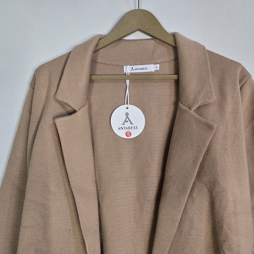 ANRABESS Women Size S, Camel Color Long Open Front Cardigan With Front Lapel NWT - Picture 4 of 11